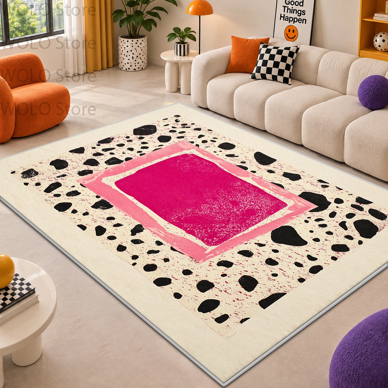 Pop Art Vintage Color Block Living Room Carpet Large Area Room Decoration Carpet with Polka Dot Graffiti Non-slip Soft Floor Mat