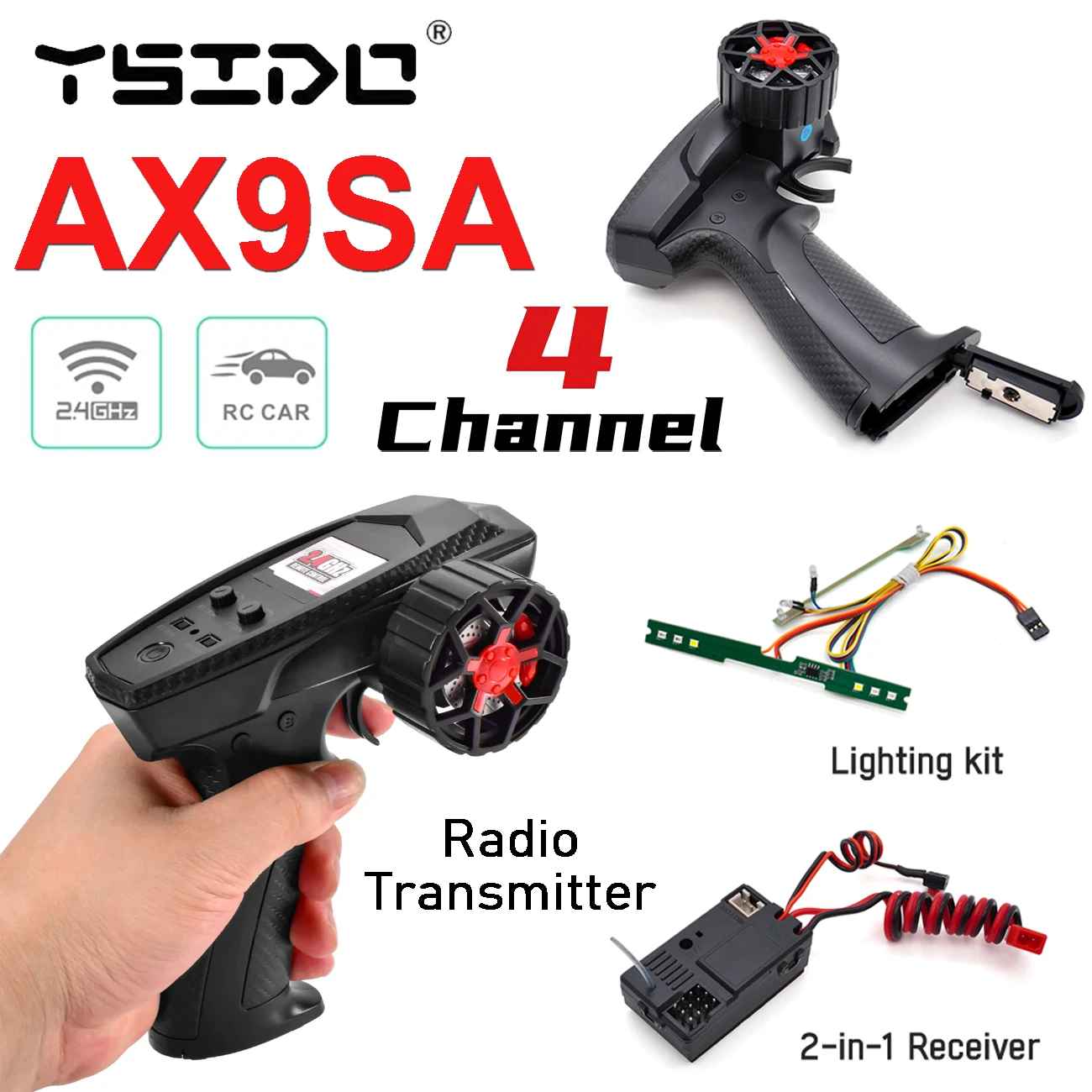 YSIDO AX9SA 2.4CHZ Radio Transmitter 4 Channel Remote Controller 2in1 Receiver Lights Set For JJRC C8823 1/16 1/18 1/24 RC Car
