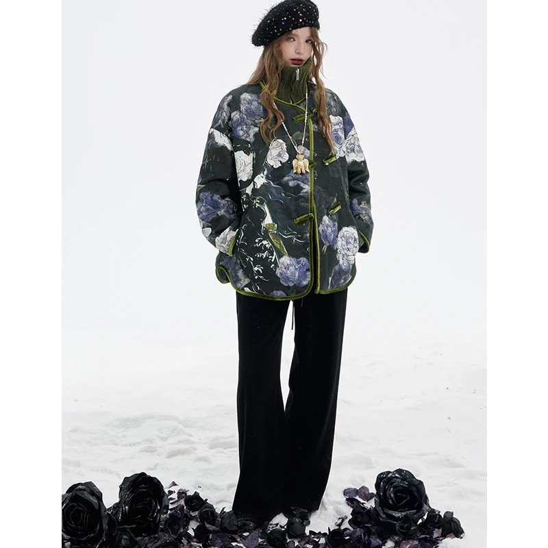 ELFSACK 2025 invierno nuevas llegadas Y2K exquisito Retro Floral gráfico estilo chino abrigo con botones para mujer