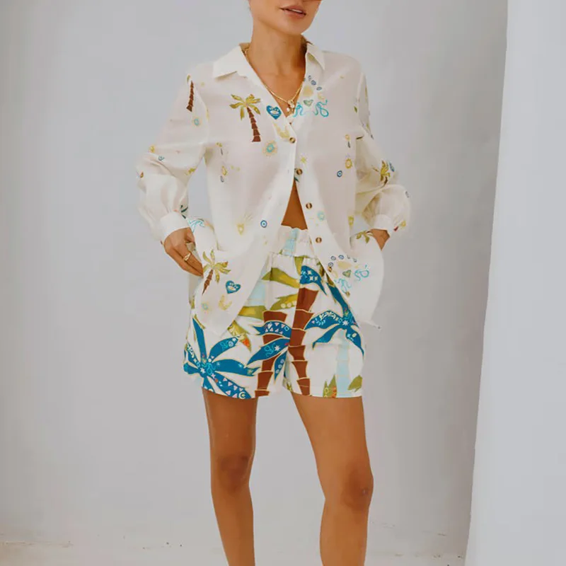 كل مباراة جيوب مجموعة Mujer المرأة عادية النباتات الاستوائية قطعتين عطلة وتتسابق 2025 أنيقة التلبيب زر قميص والسراويل دعوى