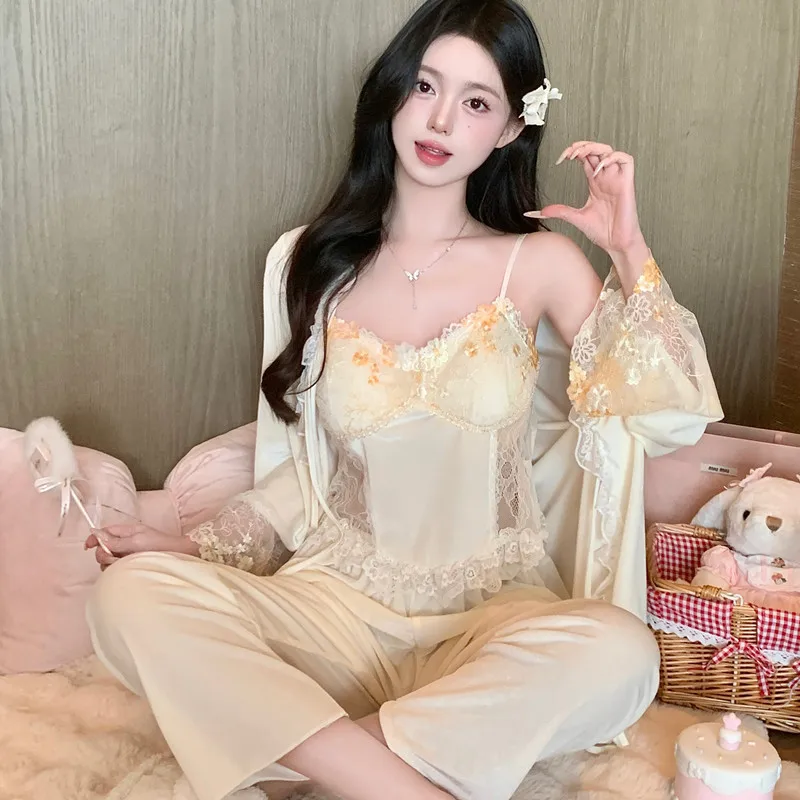 

3PC Women Velour Pajamas Set Sleepwear Nightwear Lingerie Long Sleeve Pyjamas Suit Spring Lace Cami&Trousers&kimono Home Clothes