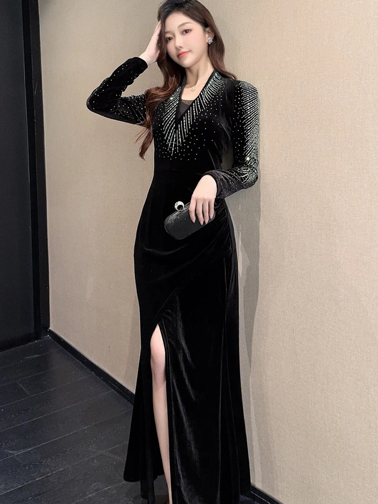 Robe longue de luxe en velours noir pour femmes, col en v, diamants, Vintage, moulante, robe de bal, Festival coréen, automne hiver, 2025