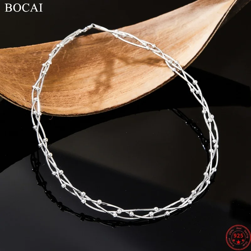 BOCAI S925 Sterling Silver Charms Necklace for Women Men Platinum Plated Rattan Beads-chain Necklet Fashion Jewelry Wholesale