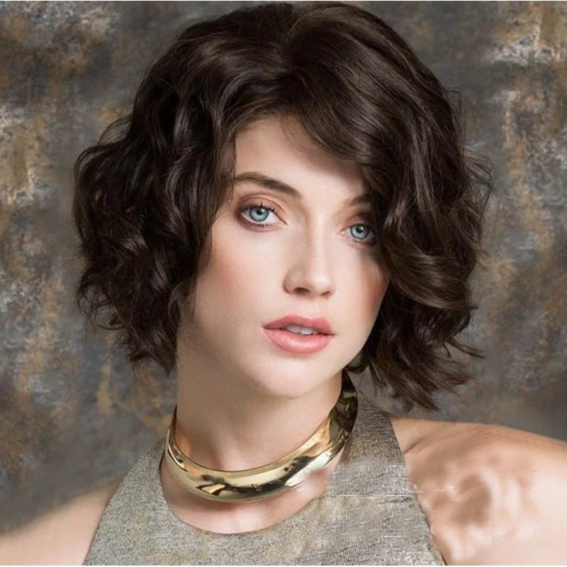 

European and American fashion women's side-parted high-temperature synthetic fiber brown short curly wig