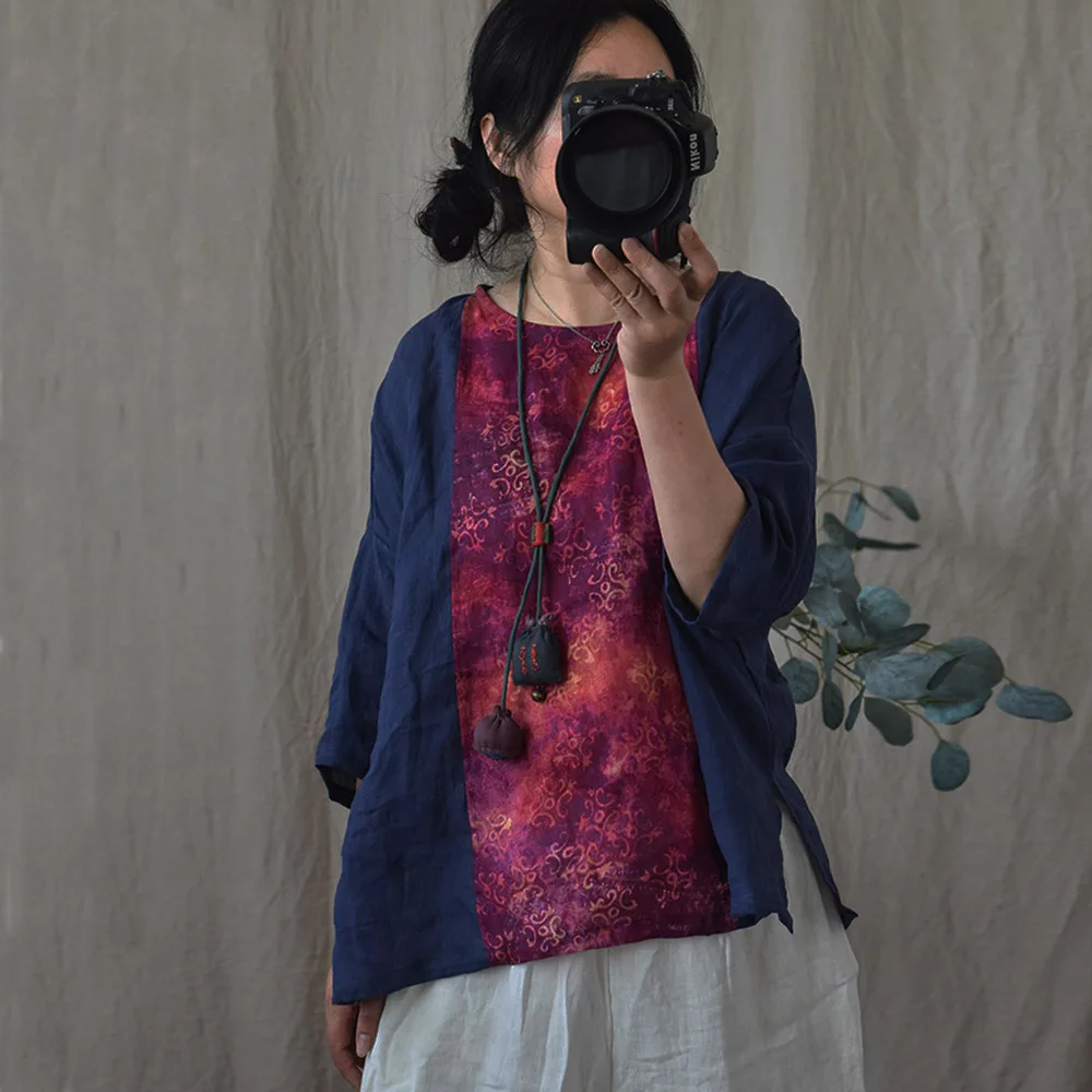 여름 빈티지 컨트리 스타일 블라우스 여성용 리넨 패치 워크 라미 셔츠 풀오버 라운드 넥 3/4 슬리브 캐주얼 루즈 쇼트 탑