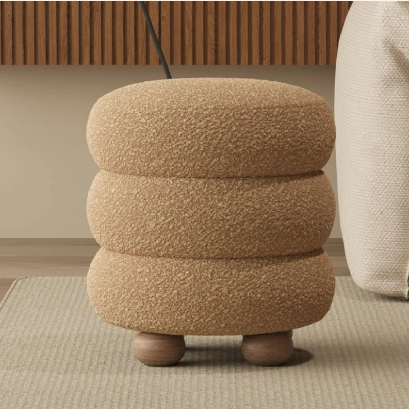 

Ins Vanity Stool Cream Style Ottoman with Round Seat Modern Makeup Chair for Bedroom Plush Sheep Wool Dressing Table Stools