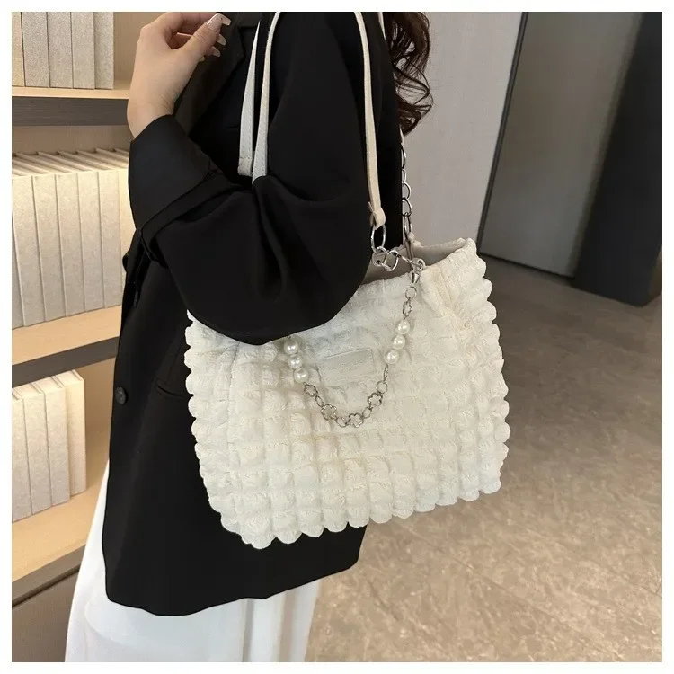 Damen Gesteppte Karierte Wolken-Baumwolltasche, Plissierte Unterarm-Hobo-Shopper-Umhängetasche für den Täglichen Gebrauch – Detail 7