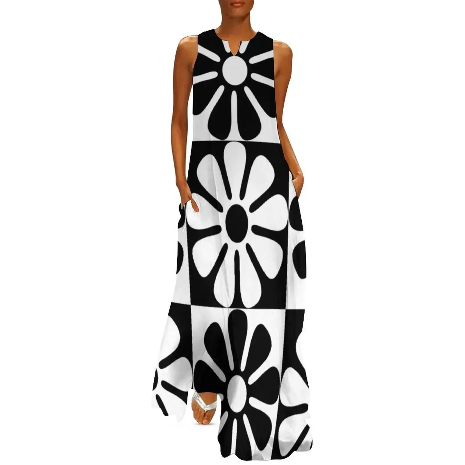 

60's Retro Big Flowers in Black and White Long Dress summer dress woman 2025 trendy summer clothes for women Dress