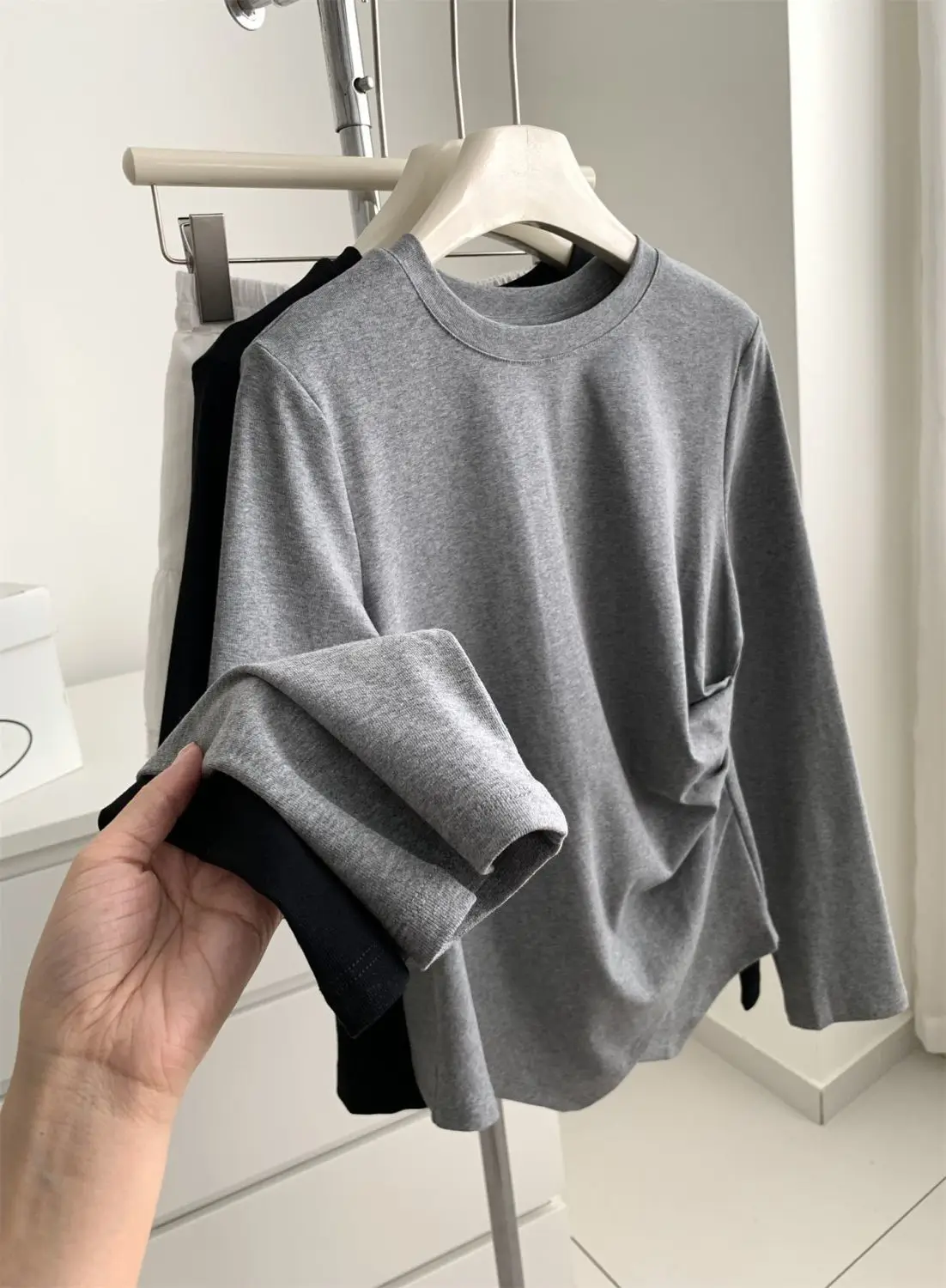 Camisetas de manga larga para adolescentes y mujeres, puño plisado con cordón en la cintura, artístico, moderno, Preppy, en capas, limpieza inteligente y nítida