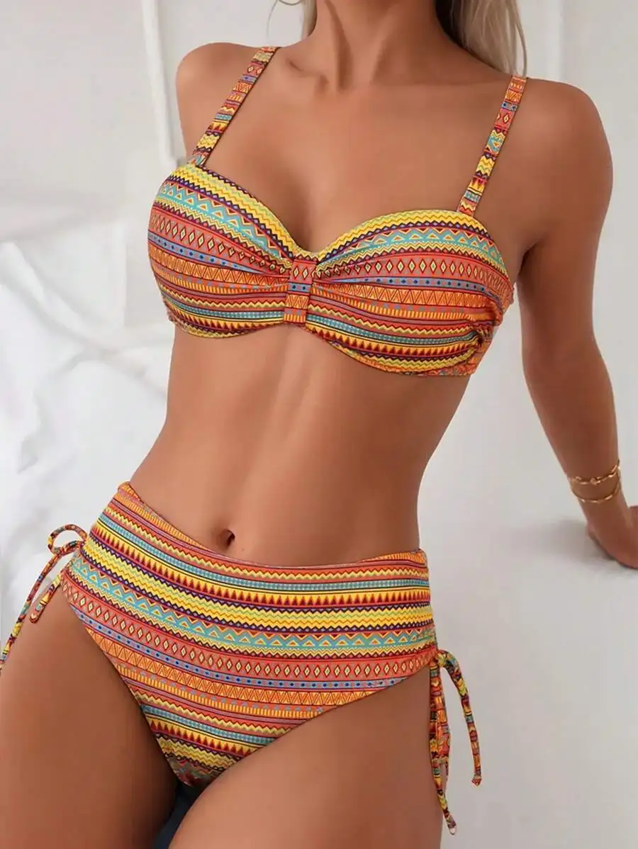 

Women Two Piece Swimsuit Set Retro Geometric Print High Stretch Drawstring Bikini Beachwear