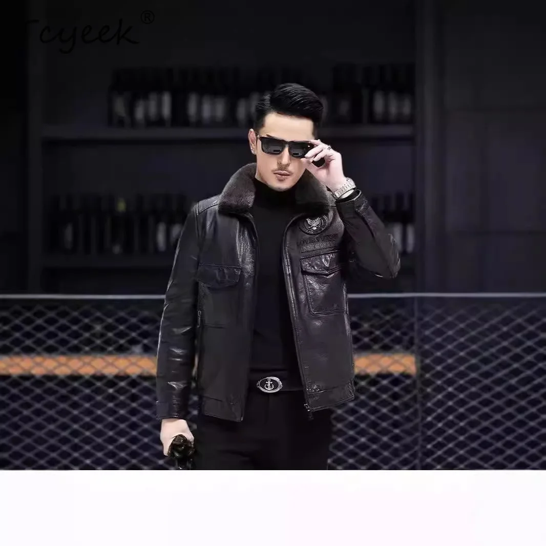 

Tcyeek Натуральная воловья кожа Пуховик Мужской теплый норковый воротник Зимняя одежда 2025 Повседневные мужские пальто Куртка Мужская