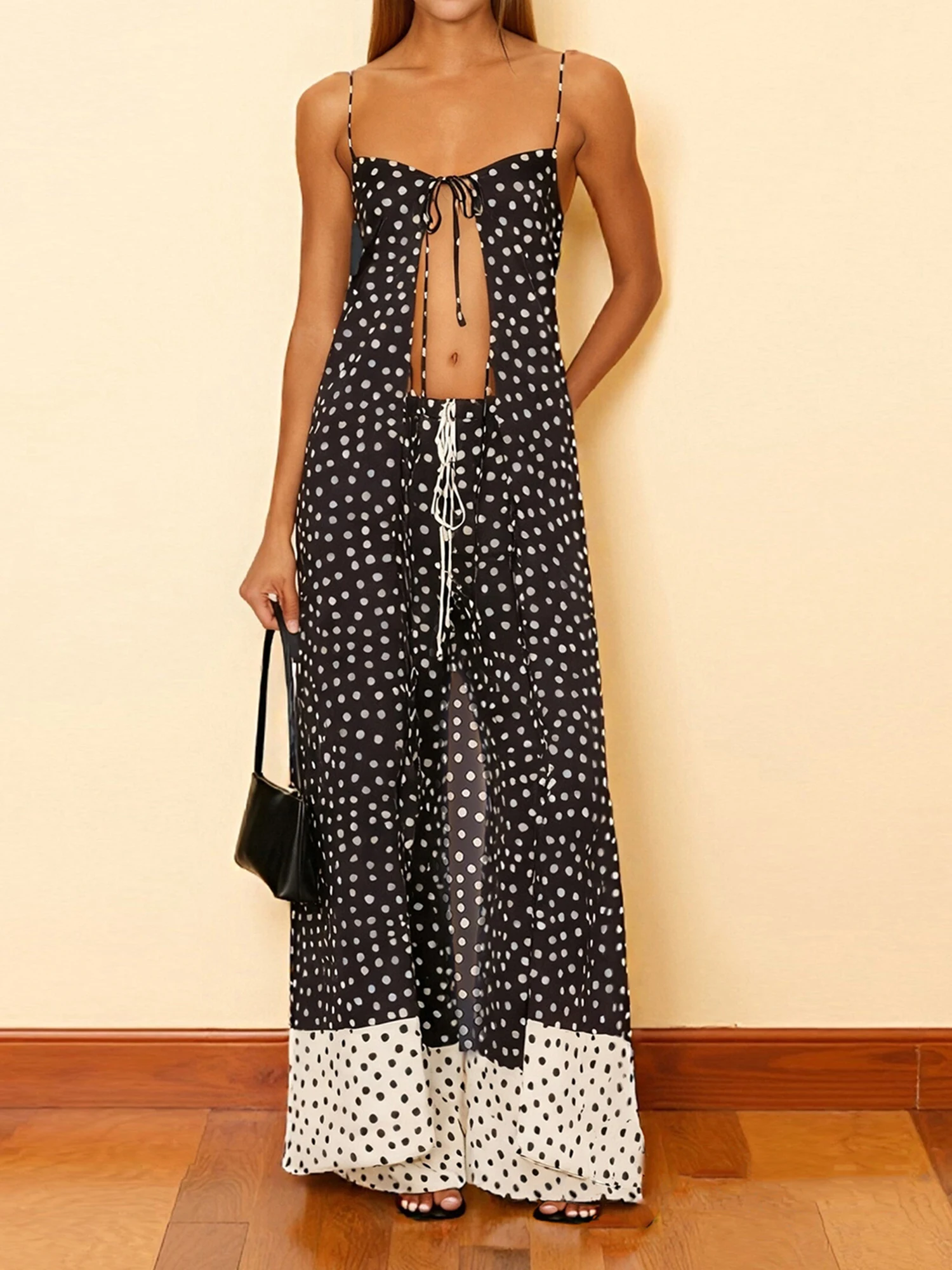 

Women s Summer Sleeveless Crop Top and High Waisted Wide Leg Pants Set Casual Beach Outfit with Tie-up Front