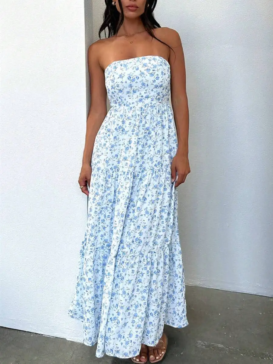 

Women Floral Print Maxi Strapless Flowy Long Bandeau Dress Summer Beach Sundress