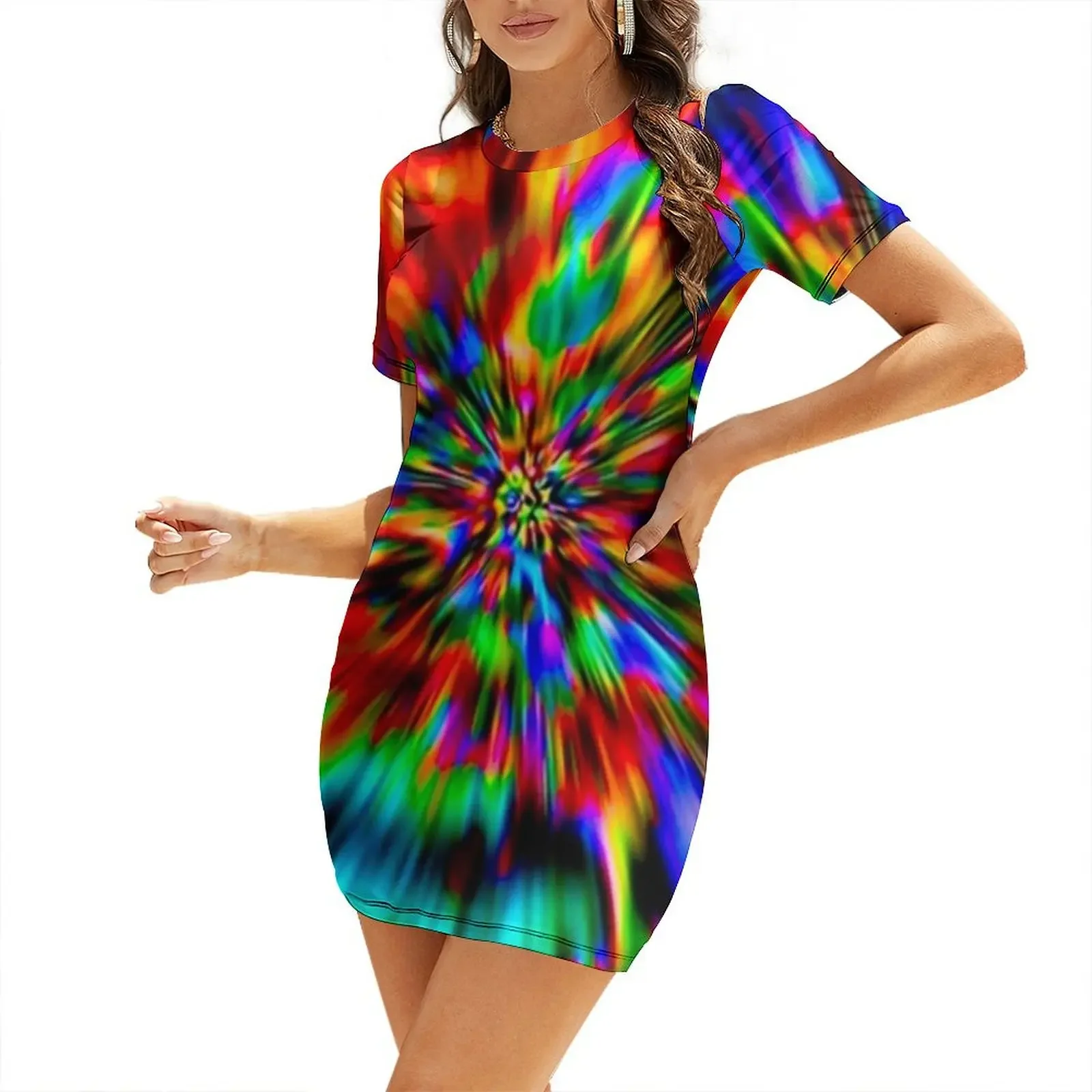 

Rainbow Wormhole Tie-Dye Pattern Short-Sleeved Dress beach outfits for women dresses for women 2026 elegant women's dresses sale