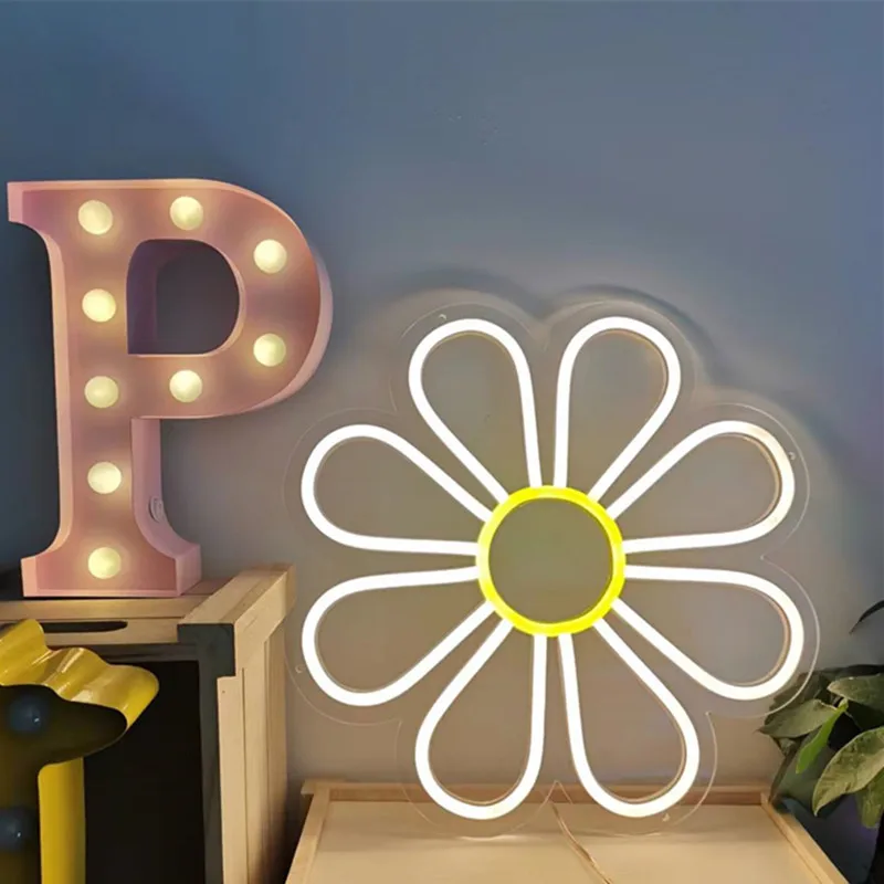 LED Neon Light Cute Cartoon Daisy Flower Neon Sign Decoration Home Bar Hotel Wall Bedroom Party Decorative Acrylic Neon Lamp USB