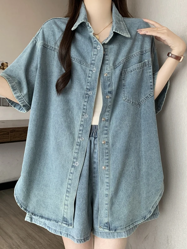 plus Size 200 Pounds Fat MM Summer Fashion Anti-Aging Two-Piece Set Denim Shirt Shorts Casual Ensemble High Waist Shorts