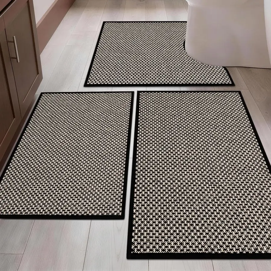 

Thin Bath Mat Black Bathroom Rugs Sets 3 Pieces, Non Slip Absorbent Bath Mats Quick Dry, Woven Braided Rugs Washable, Rubber Tap