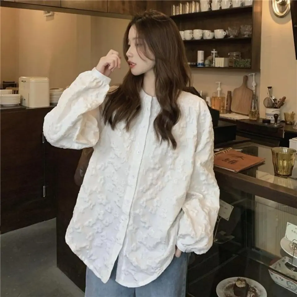 White Shirt for Women Spring Autumn New Style Gentle Lace Design Western-style Bubble Long Sleeved Shirt Top Women