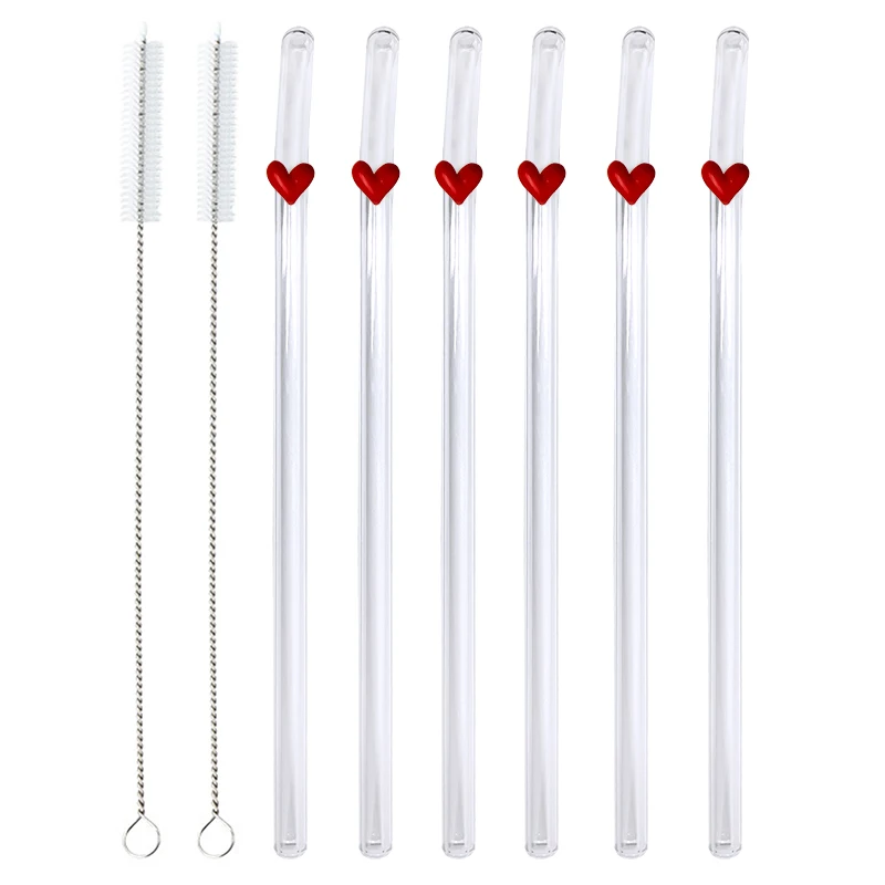 Grape Cherries Glass Straw Reusable Glass Drinking Straws Flower Curved Straw Tea Coffee Transparent Straws 6+2pcs Cleaner Brush