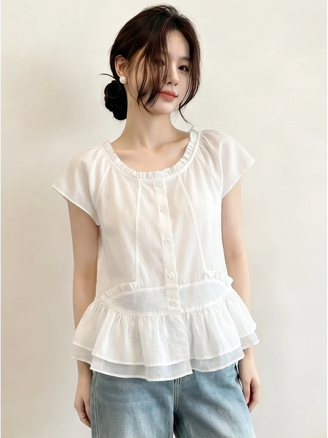 

Korean Simple Style Short Sleeve Button Shirt Women Summer Beautiful Design Loose Slimming Versatile Top round Neck Casual Shirt