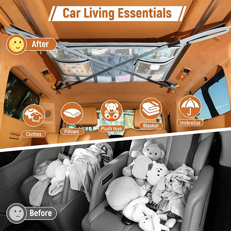 Car Overhead Storage Mesh Organizer Car Ceiling Cargo Net Double Layer Roof Mesh Camping Overlanding Gear Must Haves Cargo Net