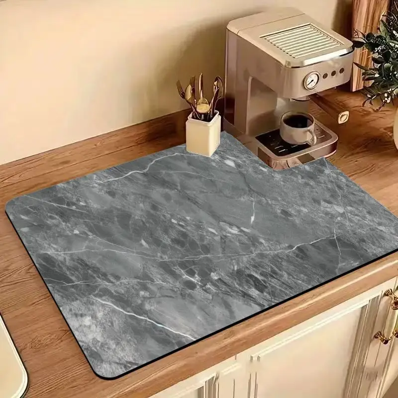 VIKAMA Dark Grey Natural Marble Coffee Mat Oil Resistant Waterproof Absorbent Non Slip Espresso Machine Counter Pad