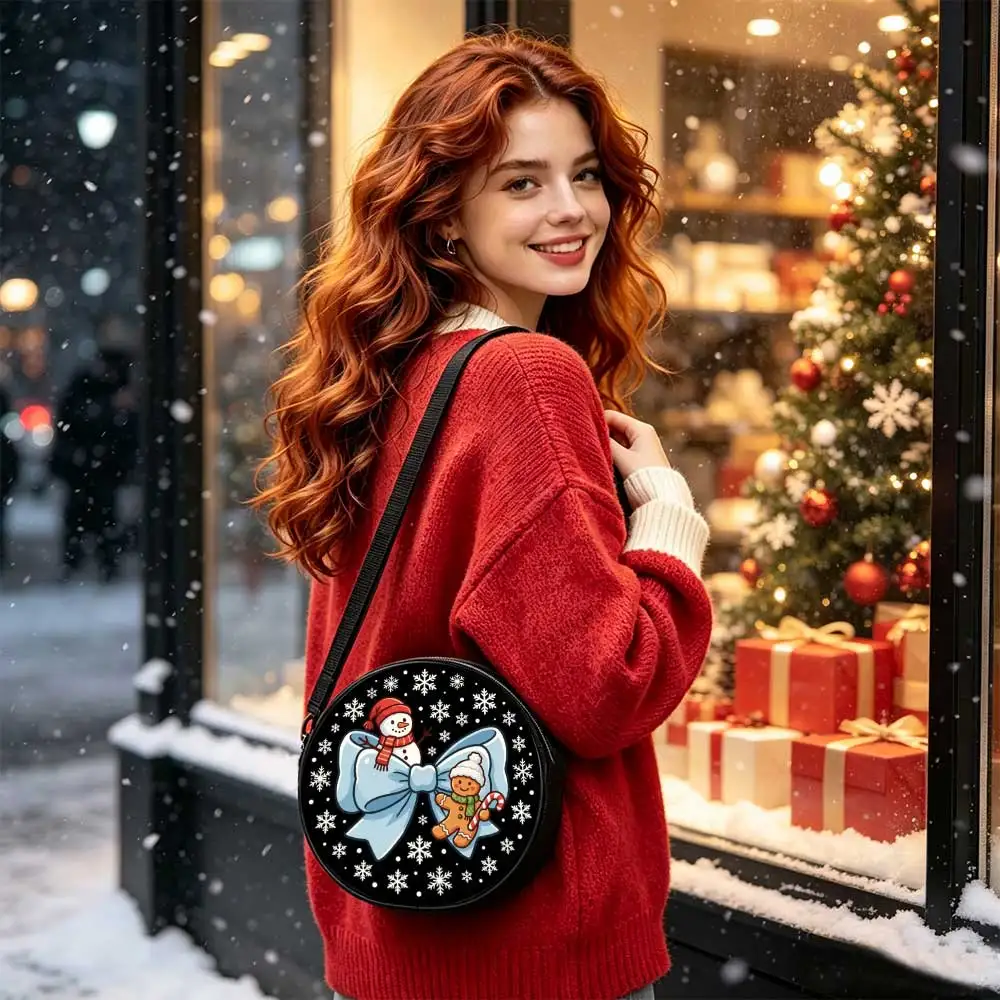 Snowman gingerbread bow snowflakes Print Round Women Shoulder Bag, leisure crossbody purse, retractable strap, practical gift