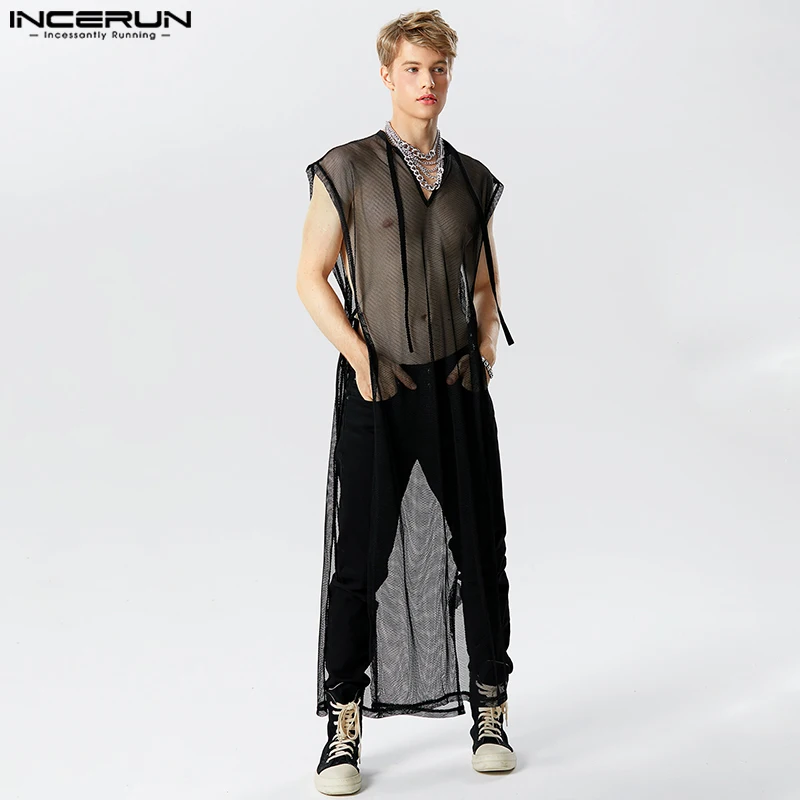 Stylish Casual Style Tops INCERUN Men\'s Sexy See-through Mesh Long-style Tank Tops Male V-neck Strap Sleeveless Thin Vests S-5XL