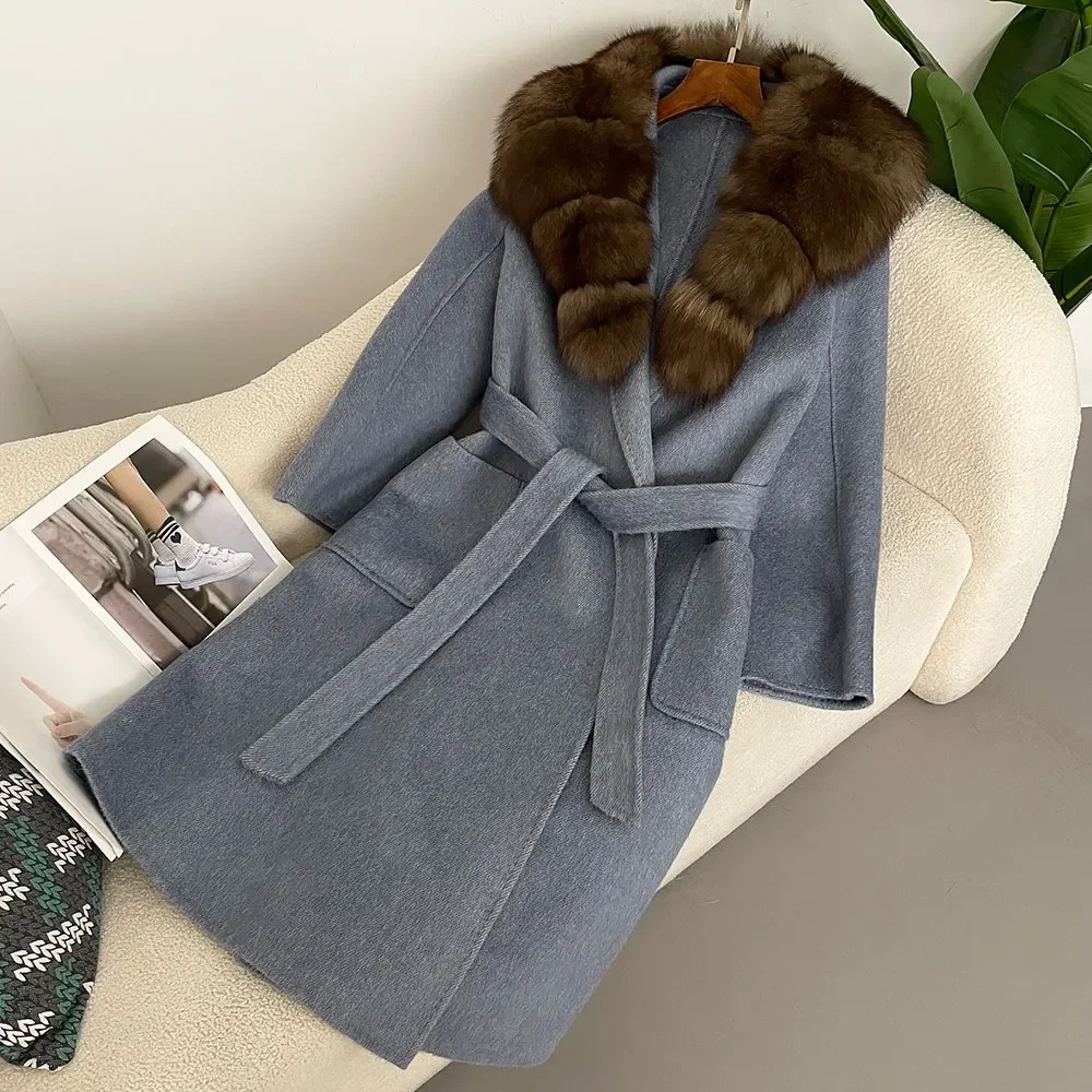 

Hot New 2024 Autumn Winter Fashionable Korean Style Coat with Detachable Fox Fur Collar Women Double-sided Cashmere Wool Coat