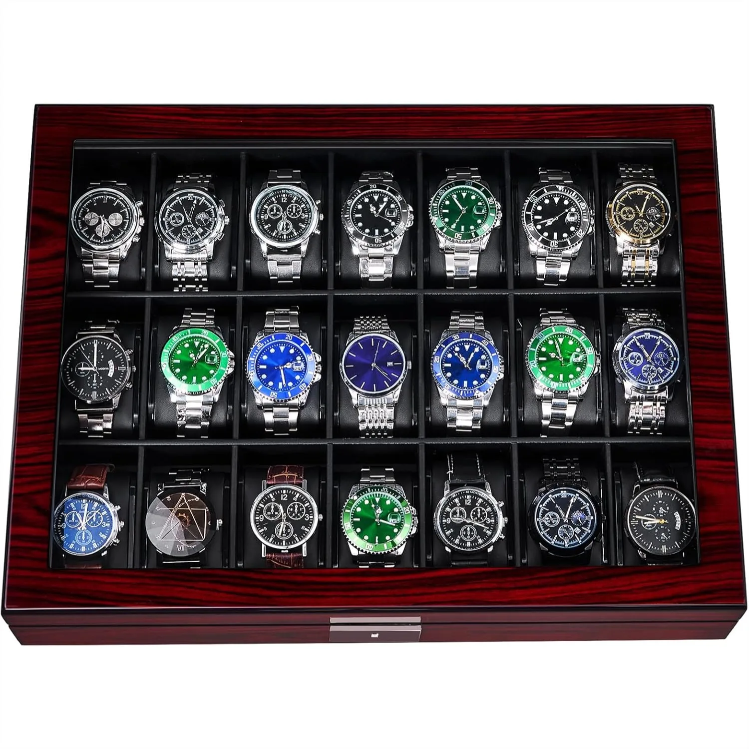 

21 Slot Watch Case for Men with Glass Lid Lockable Wood Watch Box Display Case Organizer Elegant Gift for Husband