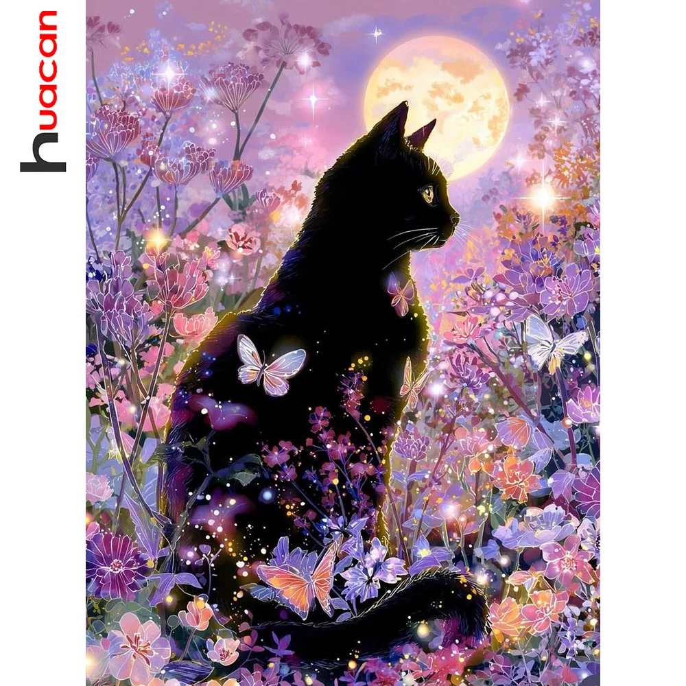 Huacan 5D DIY Diamantmalerei Katze am Mond Diamantmosaik Tier-Landschaft Neue Kollektion 2026 Wanddekoration