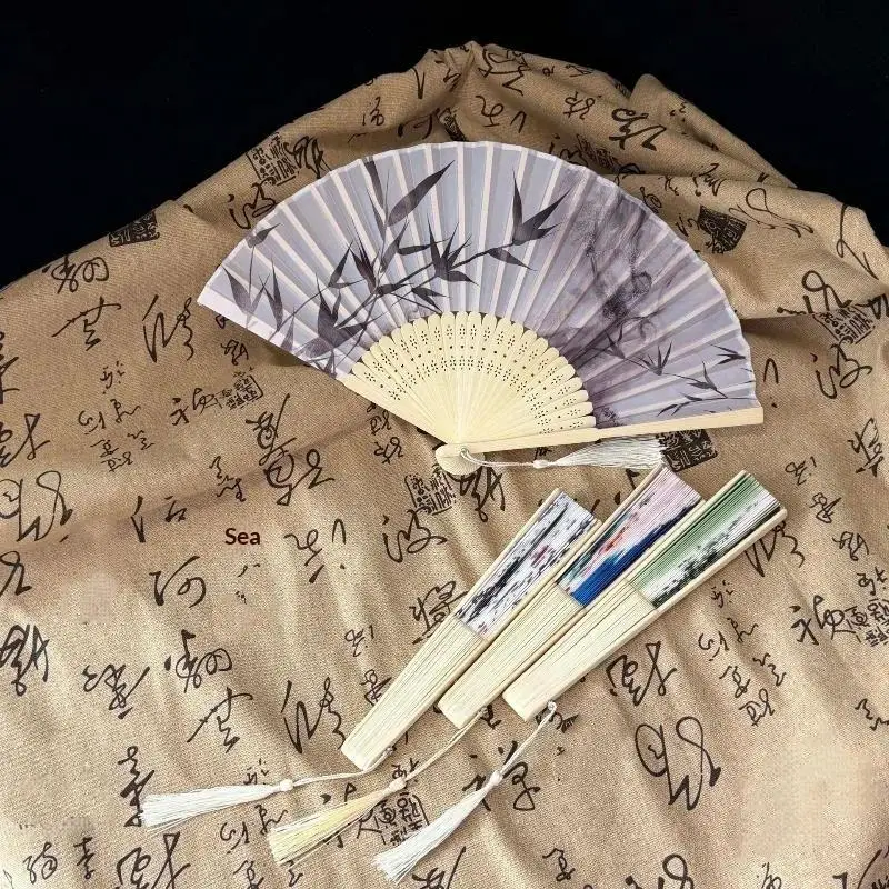 Retro Vintage Chinese Folding Fan Natural Bamboo with Exquisite Tassel for Outdoor Camping Cooling Dance Performance