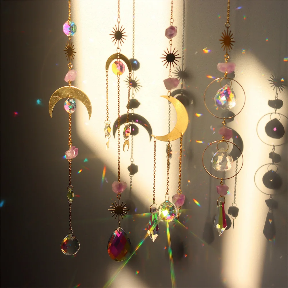 Natural Crystal Wind Chimes Star Moon Prisms Light Catcher Hanging Ornament Window Curtains Pendant Home Garden Decorations