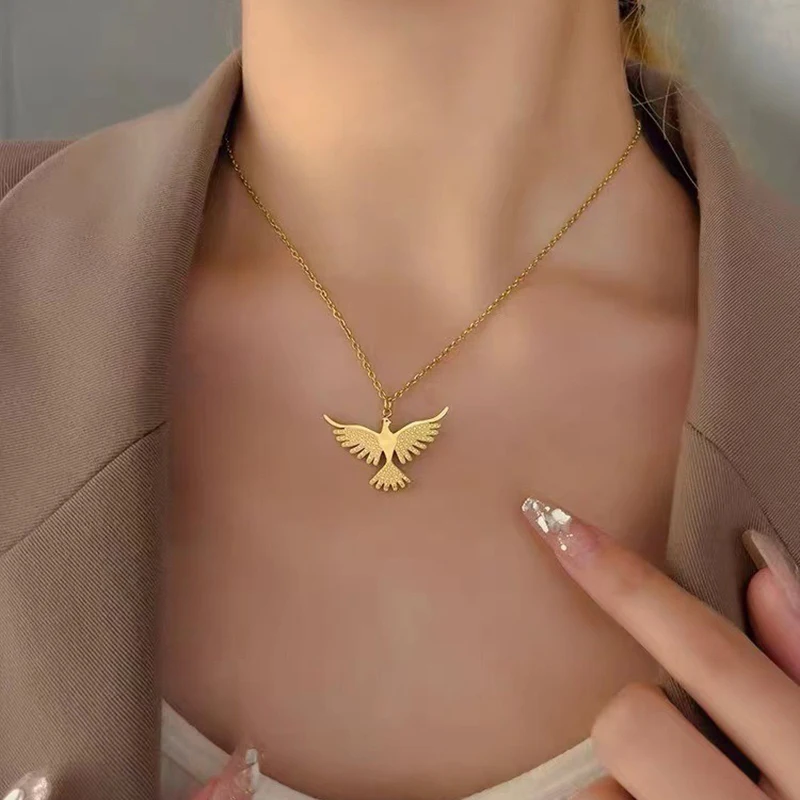 GANEMLY 316L Stainless Steel Eagle Phoenix Pendant Necklace For Women New Trendy 18K Gold Plated Neck Chain Waterproof Jewelry