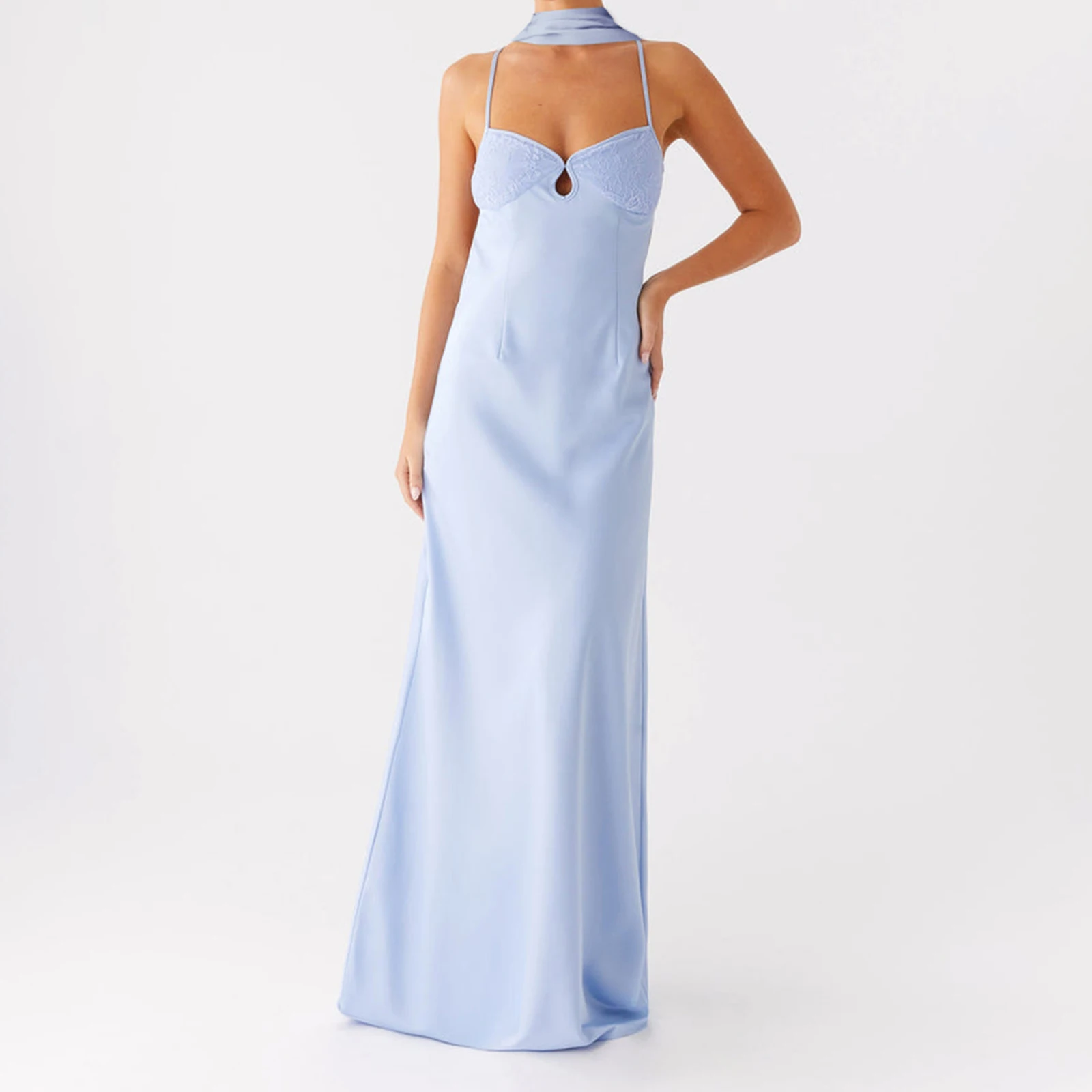 Abito da donna in tinta unita sexy con fasciatura posteriore Party Club Cami Dress Summer Fashion senza maniche con cinturino per spaghetti Abiti lunghi con sciarpa