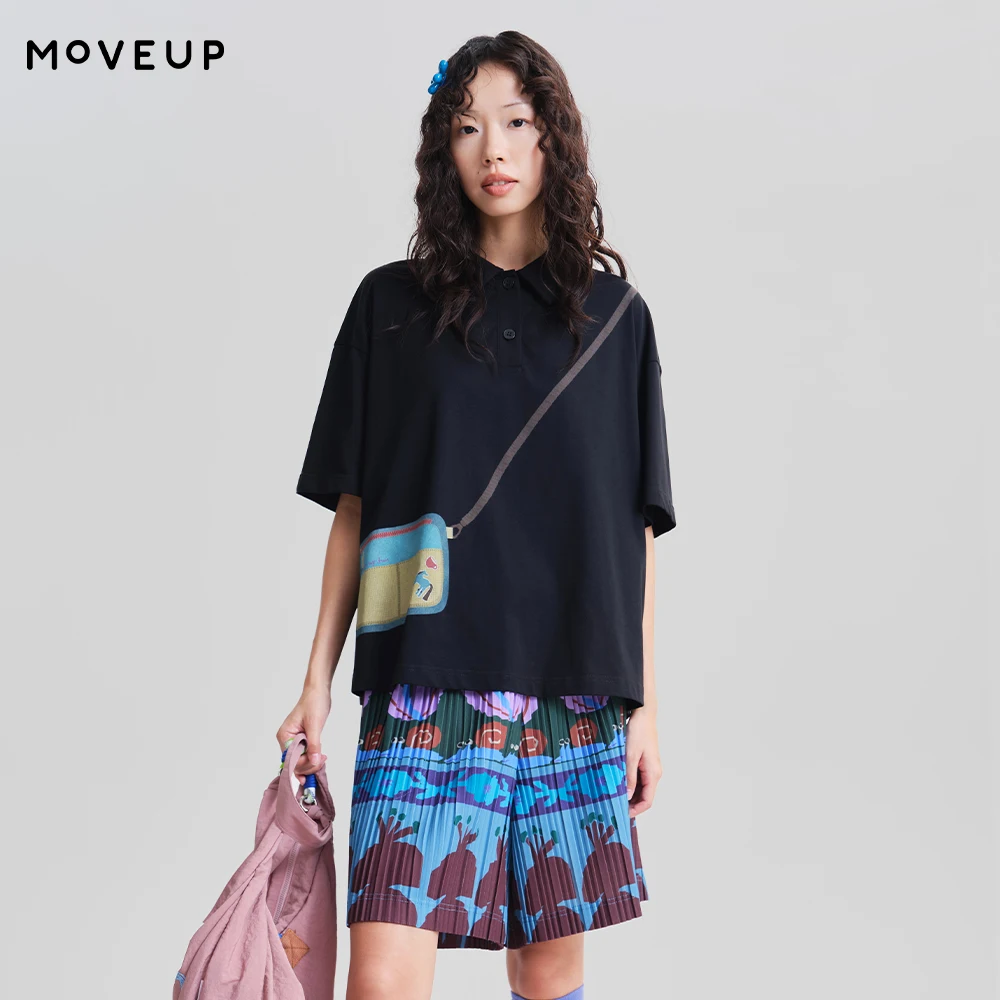 

MOVEUP Oversized Office T-shirt 2026 Spring New 100% Cotton Lapel Collar Crossbody Bag Print Cropped Short Sleeve Top 3ELC10574