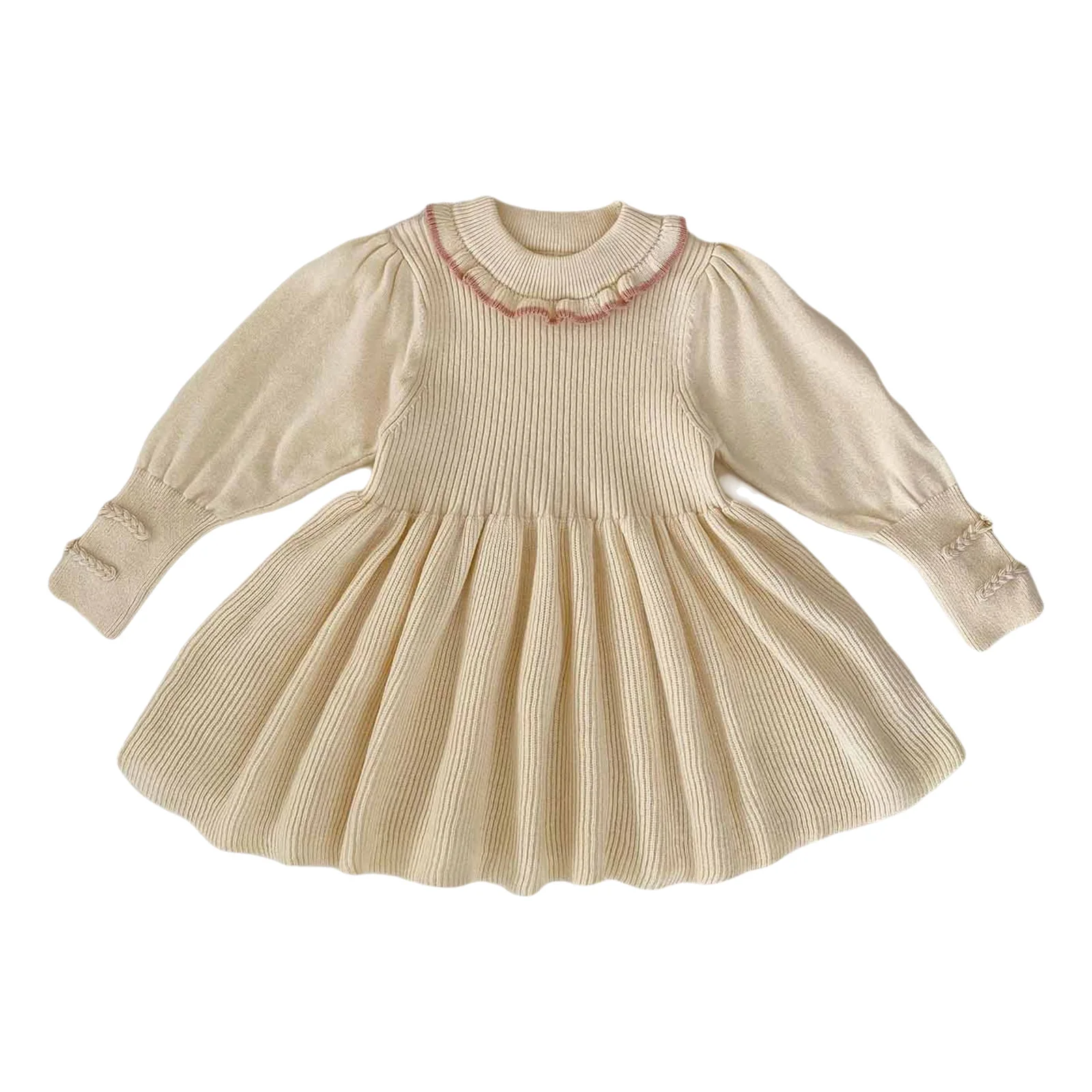 Children Girls Long Sleeve Sweater Dress Spring Autumn Solid Ruffled Knitted Casual Warm Dresses Daily School Party Playwear