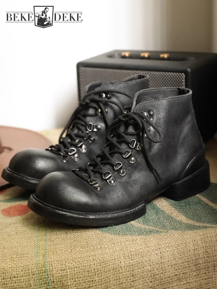 

Мужские модные ботильоны ручной работы из конской кожи, винтажная удобная универсальная обувь на среднем каблуке со шнуровкой, мотоциклетные ботинки