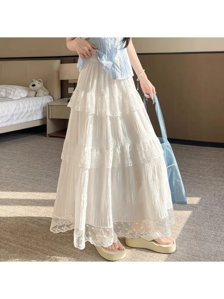 

plus Size Women's White Lace Splice Cake Skirt High Waist Slimming Drapey Midi A-Line Skirt Spring Summer Casual Wear