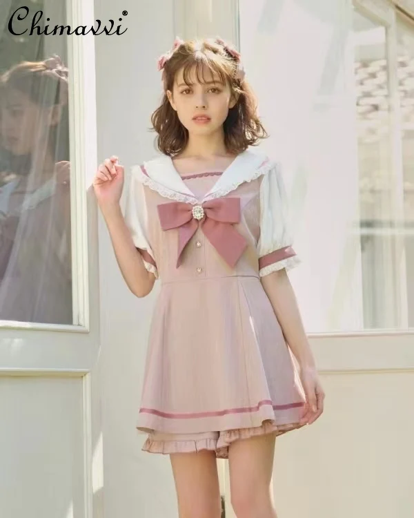 

Japanese Mine Mass-Produced Cute Sweet Sailor Suit Fashion Short Sleeve Slim Fit Dress Shorts Lolita Ladies Two-Piece Set