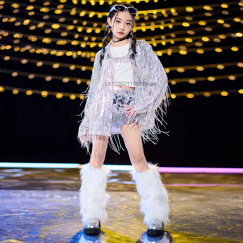 Children's Street Dance Costumes with Sequins and Tassels, Shiny Jazz and Latin Dance Personalized Performance Costumes