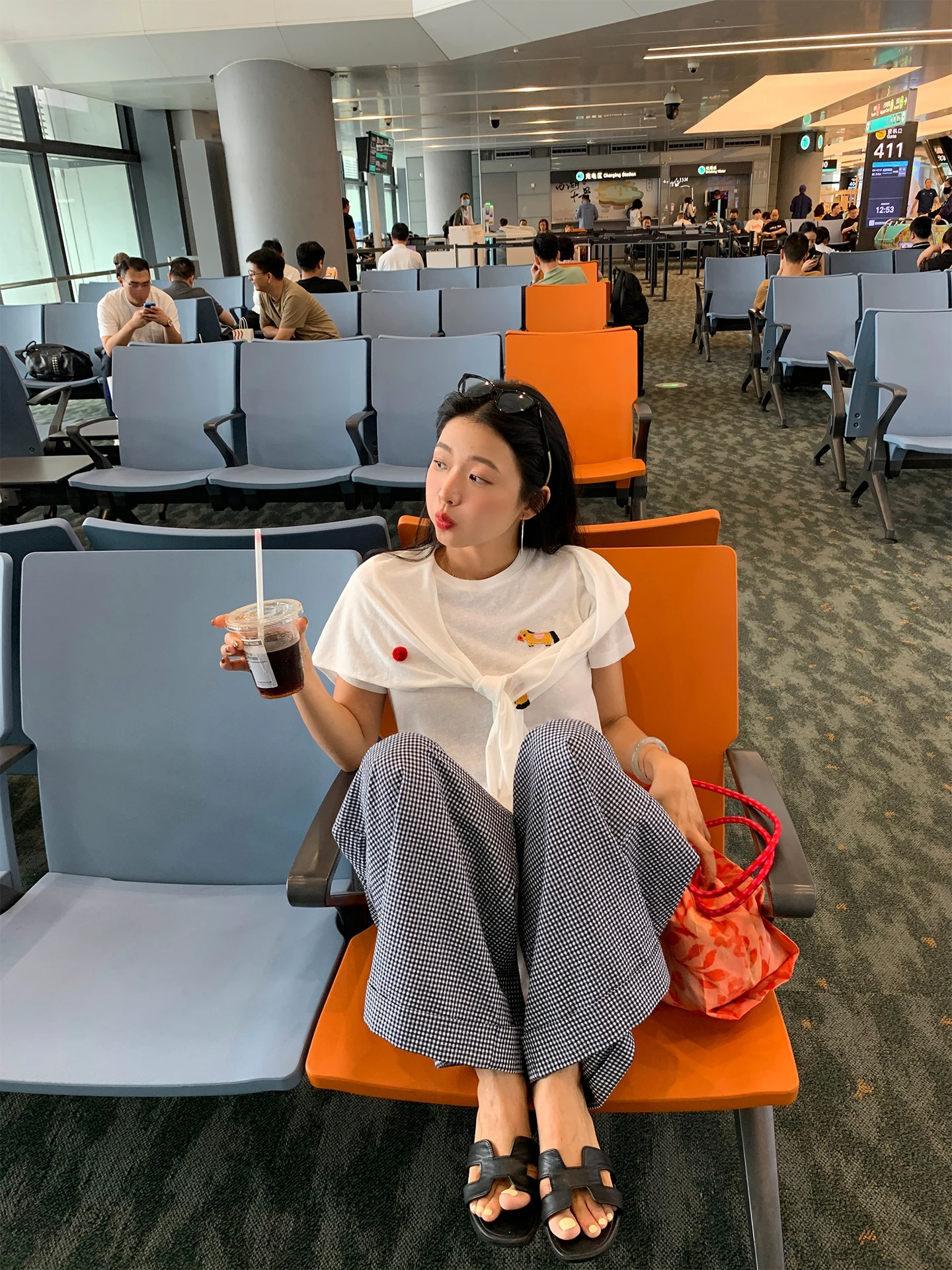 하이 웨이스트 와이드 레그 팬츠 여성 여름 얇은 격자 무늬 프린트 바지 벨트 루즈핏 한국 스타일 통근 패션 코튼