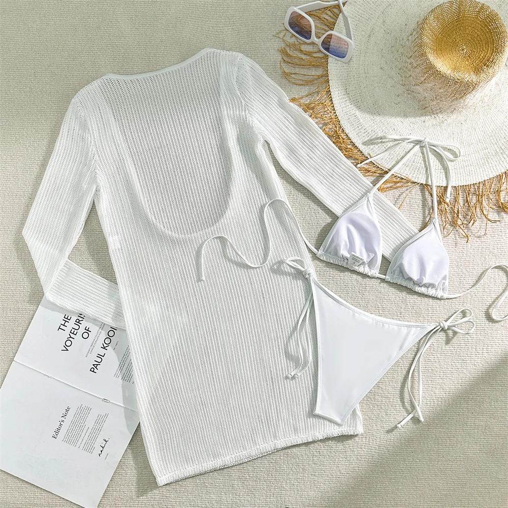 섹시한 속이 빈 비키니 긴 소매 수영복 드레스 세트 여성 쉬어 비치웨어 스트링 비키니 끈 휴가 수영복 수영복