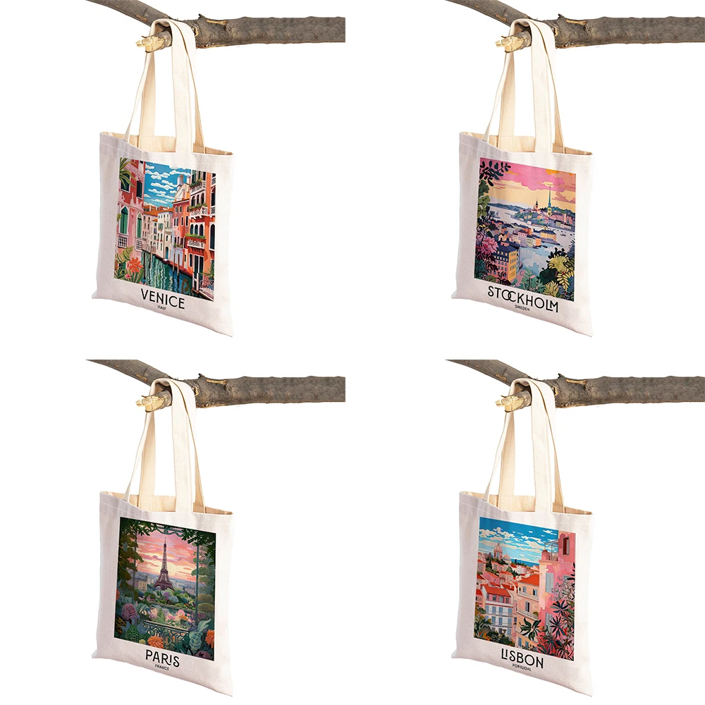 Vintage Landscape Shopper Bag Venice Paris Lisbon Stockholm Women Shopping Bags Double Print Linen Handbags Shoulder Lady Tote