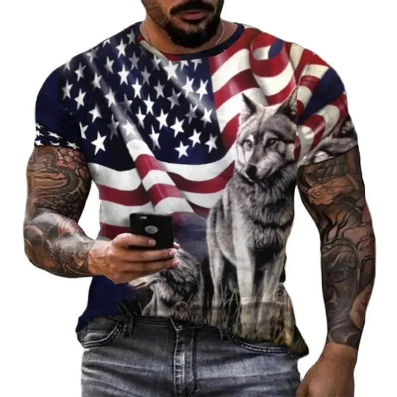 

Men's and Women's Short-sleeved Crewneck T-shirt, American Flag, White Eagle, Vintage Style, 3D Printing, Street Fashion