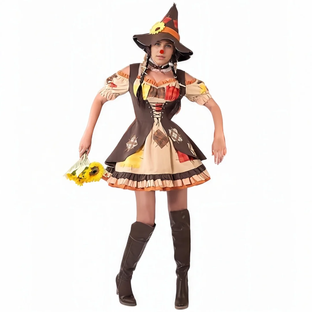 

Sassy Scarecrow Halloween Costume - Brown Dress with Orange Trim and Witch Hat