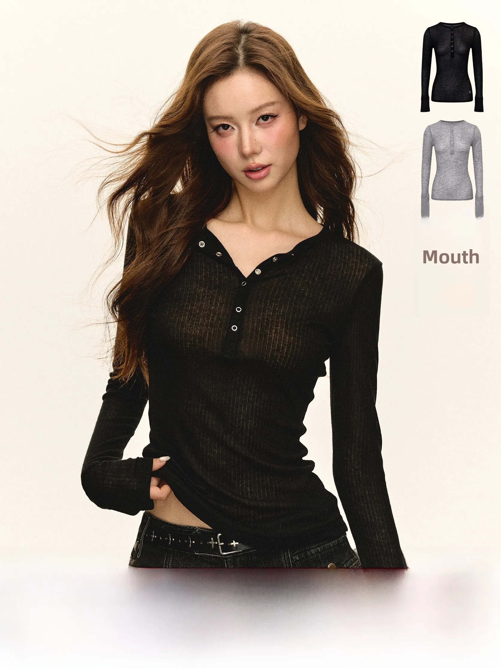 

Женская облегающая футболка с воротником Генри в американском стиле в стиле ретро Ariseism, микропрозрачная футболка с длинным свечом, повседневный топ из полиэстера...