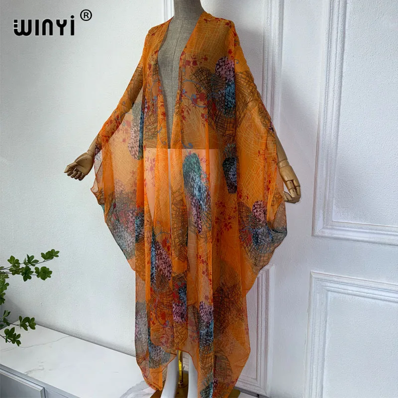 Imagem -06 - Winyi-print Kimono Bikini Cover-ups Boho Maxi Dress Perspective Sexy Loose Holiday Kaftan Vestidos para Mulheres Cardigan de Tamanho Livre Novo