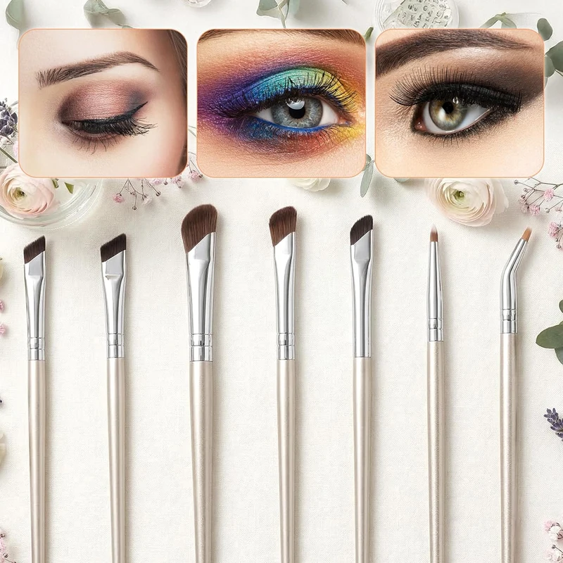 7 Pcs Professional Eye Makeup Brush Set, Bent Angled Eyeliner & Concealer Brush, Under Eye Aegyo Sal Tear Trough Shadow Tool