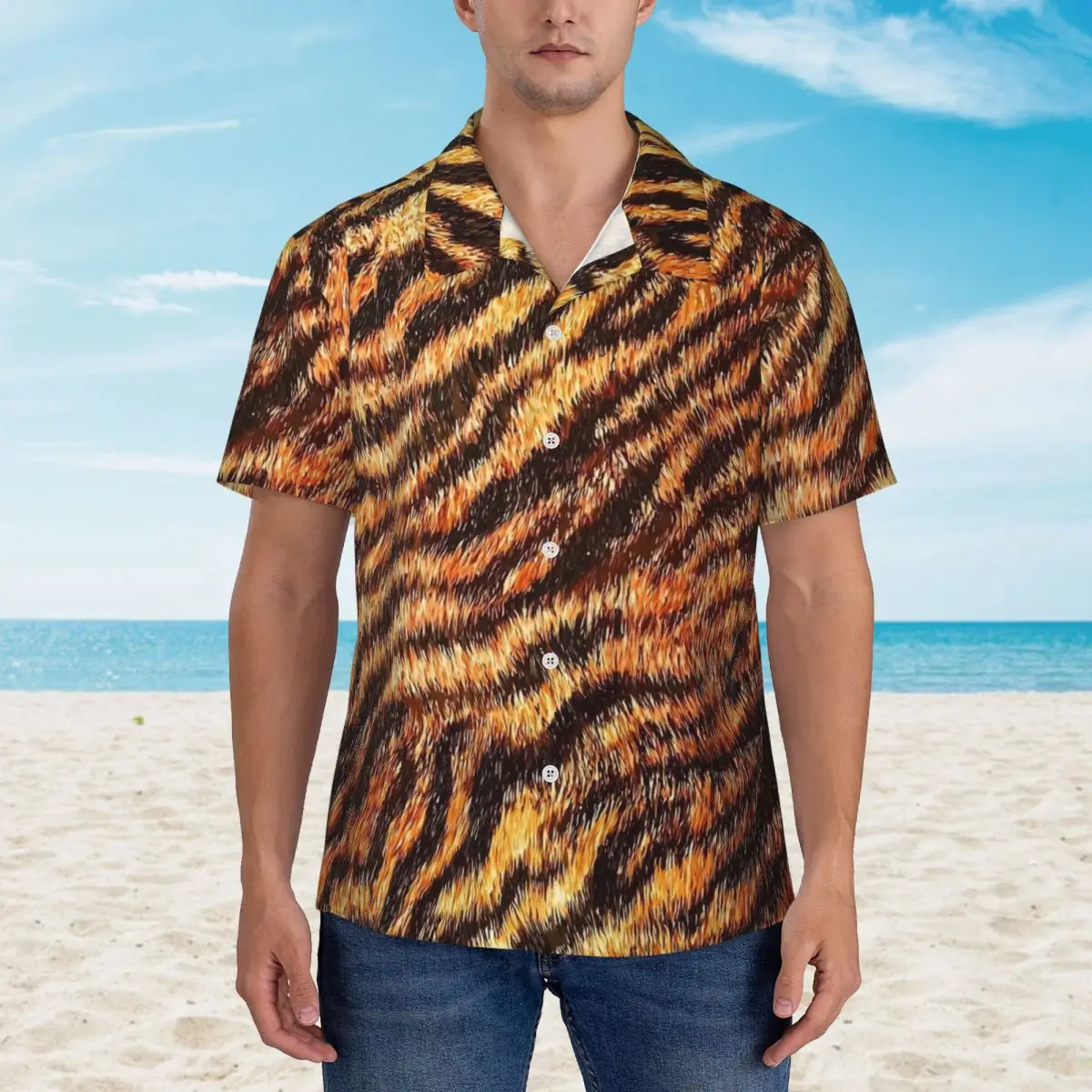 Tiger Print Beach Shirt Animal Fur Hawaii Casual Shirts Male Cool Blouses Short Sleeve Korean Fashion Printed Tops